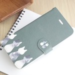 【送料無料】草花模様のダブルねこ　モスグリーン　手帳型iphone/スマホケース【多機種対応】