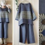 714☆彡 3点セット♪ブルーグレー色リネン×花柄リネンプルオーバー＆イージーパンツ＆シュシュ