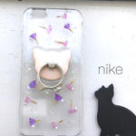花猫 小さなフリンジ 押し花スマホケース 猫耳型 スマホリング iPhone6/iPhone6s iPhoneケース