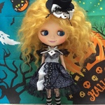 ハロウィンワンピース 山高帽子付き コウモリ柄ブラック  ( ブライス、リカちゃん)