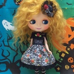 ハロウィンワンピース ヘアアクセ付き コウモリと薔薇柄ブラック  ( ブライス、リカちゃん)