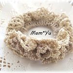 【4wayシュシュ】【ゴム交換OK】ふわふわレース編みシュシュ★ダブルフリル★モカベージュ×ラメベージュ