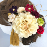 ❁ ダリア ＆つまみ細工小花 赤×白×紫×緑　ヘッドドレス❁結婚式 和装 髪飾り