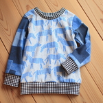 【110】blueシマウマ×パッチワークデニム風　長袖Tシャツ