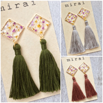 【再販3】押し花レジンタッセルのゆらゆらイヤリング/ピアス＊スクエア＊くすみカラー