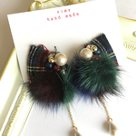 チェック柄リボン×もこもこファー♡ゆらゆらバックキャッチコットンパール♡送料込み