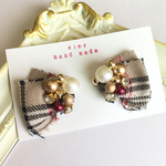 再販×5以上♡ゴージャス♡チェック柄裂き布リボンピアス(ベージュ)♡送料込み