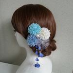 〖 送料無料 〗再販×5🌟 浴衣・着物・袴など和装時に🕊💙 フラワーヘアアクセ 6点セット　マム・チュール花・コットンパール・揺れる紫陽花の花びら 【ドリームホワイト×シンデレラブルー】
