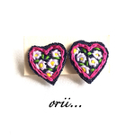 デニムハート小花柄刺繍ピアス/イヤリング