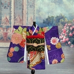 簡易着物＜流水に花毬鼓蝶文様（紫）＞