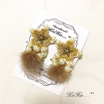 星刺繍ゴールド×ブラウンファーイヤリング