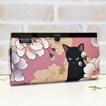 直線口金 長財布　黒猫と牡丹 サーモンピンク