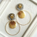 再販 スワロ＊大理石風 スタッズ メタル 大ぶりフープ イヤリング