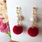 【送料無料】レッドフロッキーボールとパールのノンホールピアス(P015)