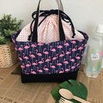 巾着付きランチバッグ～フラミンゴの行列 ネイビー～