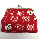  【再販】ねこちゃんと和風柄ねこのがま口ポーチ(red)