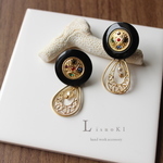 再販6　Retro stone button　大ぶり　ピアス/イヤリング　ブラック