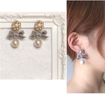 ビジューのお花とベロアリボンとコットンパールピアス、イヤリング