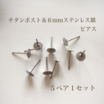 チタンポスト&６mmステンレス平皿付きピアス  ５ペア１セット