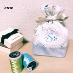 イニシャル巾着【小花レース×ブルー小花】