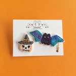 ハロウィン刺繍ピンバッジ「コウモリ&かぼちゃ」