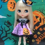 ハロウィンワンピース 三角帽子(グレー)付 ストライプパープル ( ブライス、リカちゃん)