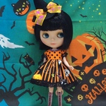 ハロウィンワンピース 三角帽子(大)付 ストライプドット オレンジ (ブライス、リカちゃん)