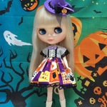 SALE ハロウィンワンピース 三角帽子付 ドット パープル (ブライス、リカちゃん)