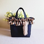 M☆倉敷帆布フリルバッグ👜Lサイズ＊ファー付❤ブラックカラー