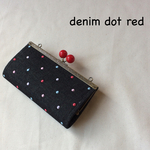 デニム ドット刺繍柄 あめ玉 がま口 長財布 レッド