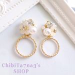 ローレットフープ × お花 の ビジュー パール ピアス イヤリング 