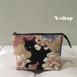 ◆新色◆和柄*キルトゲイト*百花繚乱*黒猫牡丹柄(ピンク)♪仕切りポーチ(中)★ハンドメイド★