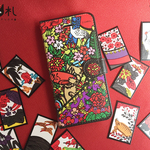 ◇iPhoneX対応◇手帳型スマホケース-はにゃふだ【花札猫】-（黒カバー）ほぼ全機種対応