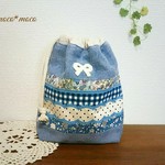 ■巾着Ｓ １８×２０cm【小花柄りぼん青】