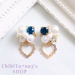 ハート ♡ ビジュー パール ピアス / ブルー B