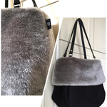 〈新作〉Tioraシリーズ　８号帆布〈ブラック〉×短毛ラビットフェイクファー〈シルバーグレー〉×持ち手〈本革紐〉２way！　ファーバッグ ふわもこ
