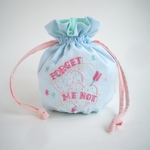 手刺繍丸底巾着ポーチ「FORGET ME NOT・ベビーブルー」