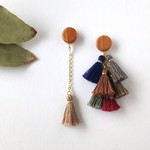  ウッドビーズ タッセル フリンジ アシンメトリー  ピアス
