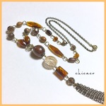天然石スモーキークォーツとwoodのロングネックレス