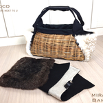 【新作】Miranda〜ミランダ   手編み 紅籐×8号帆布×ファー〈バンビ柄〉×リネン×牛革　カゴバッグ バスケット　着せ替え　秋冬バッグ　1点物！