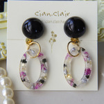 ブラック×シルバー　ボタニカルオーバルリング　イヤリング