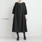リネン100％パフスリーブワンピース　ブラック
