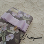 ボタニカルフラワー柄 パープルリボン イニシャル付  iPhone7/8ケース