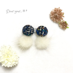 ミンクファー&チェック イヤリング／ピアス♡オフホワイト