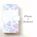 【送料無料】ゼンタングルフラワー 手帳型スマホケース（専用プラケース付）パターンアートの花模様*白