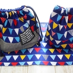【受注製作】お弁当袋＆コップ袋＆ランチマットset*カラフルフラッグnavy＊入園入学準備  
