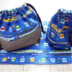 【受注製作】お弁当袋＆コップ袋＆ランチマットset*電車blue＊入園入学準備  