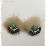  刺繍ファーピアス イヤリング  ベージュターコイズ