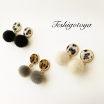 ヒョウ柄革貼り×ファーボールピアス/イヤリング