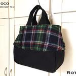 Rottaシリーズ 8号帆布〈ブラック〉 ×フリース〈タータンチェック〉 グリーン系　ラウンドトートバッグ　暖か素材　フリース素材